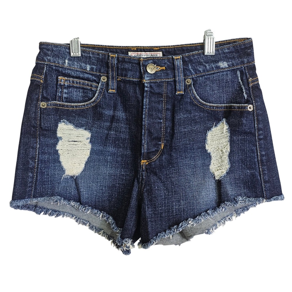 Guess Jeans Dark Wash Distressed Denim Shorts High Rise Raw Hem Button Fly 26